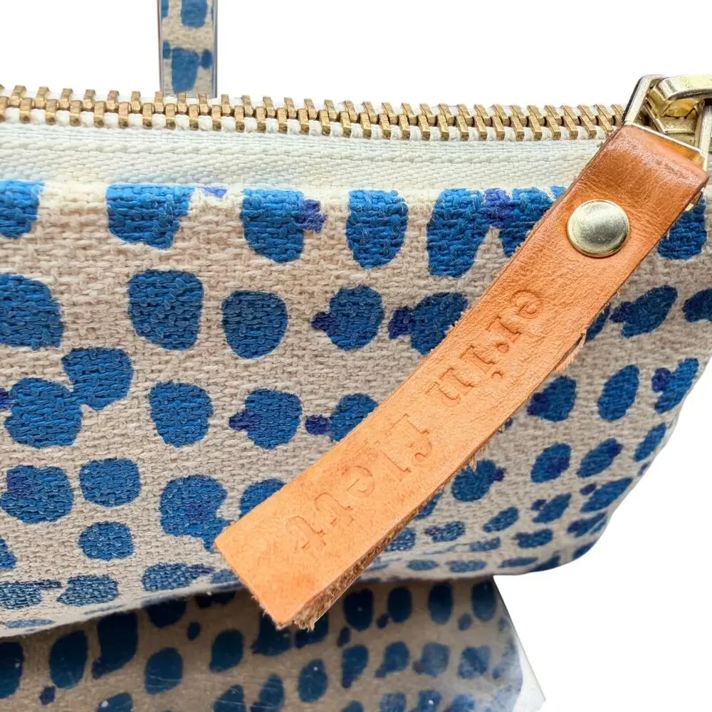 Erin Flett Blue Dot Canvas Wristlet Clutch 8x4.5 Leather Strap